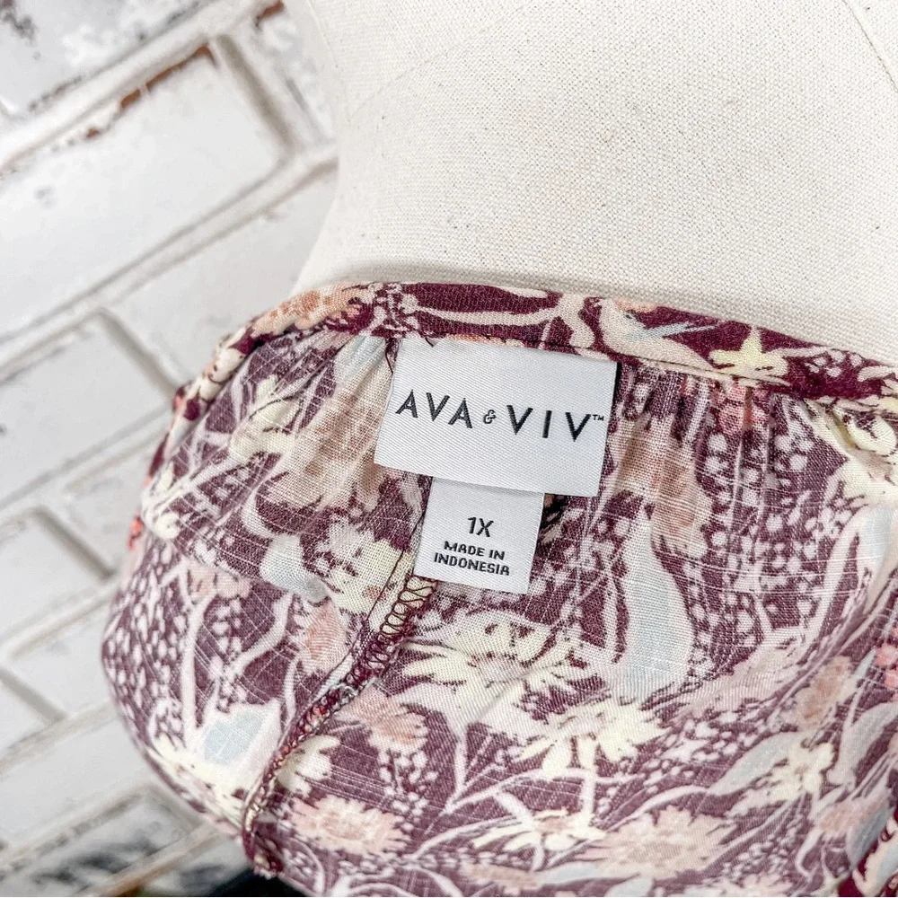 AVA & VIV Burgundy Tan Yellow Pink Floral Boho Flowy 3/4 Sleeve V-neck 1X - Picture 7 of 9